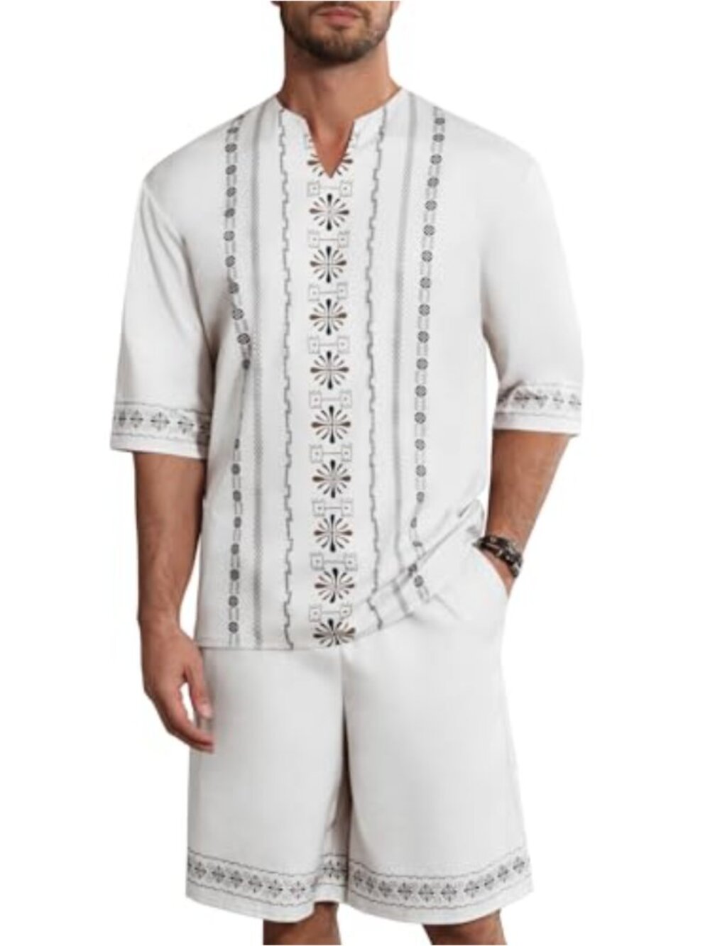 Men's Print Linen Shirts and Shorts Set - 2 Piece Beach Vacation Outfit with